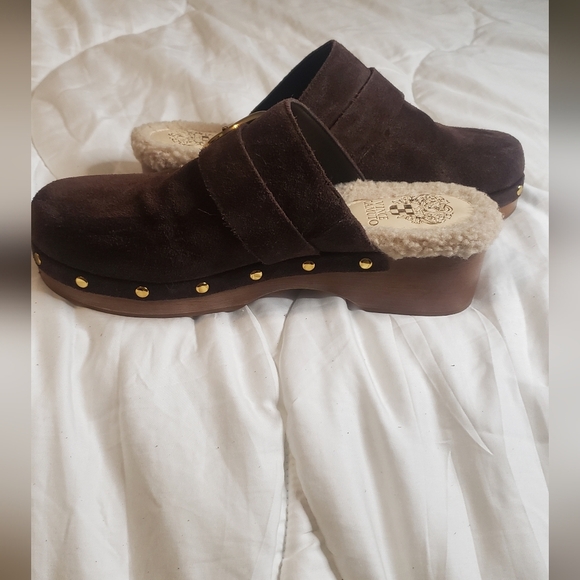 Vince Camuto Canzenee Sherpa Women  7.5 Brown Suede Wooden Wedge Heel Clog Shoes - Picture 13 of 16